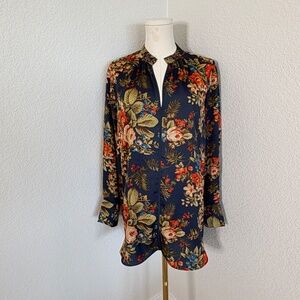 Navy Floral Tie-Neck Blouse | Long Sleeve Lightweight Top